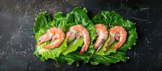 Poster - Fresh green leaf lettuce mix with prawns or langoustines a healthy meal or snack on a rustic table with copy space Ideal for keto paleo vegetarian or pescetarian diets