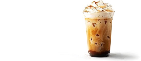 Aufkleber - Latte iced coffee presented on a white backdrop highlighting the concept of isolation with copy space image