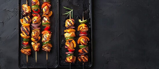 Poster - Chicken kebab skewers with grilled vegetables on a black metal tray viewed from above with space for text or other elements in the image. Creative banner. Copyspace image