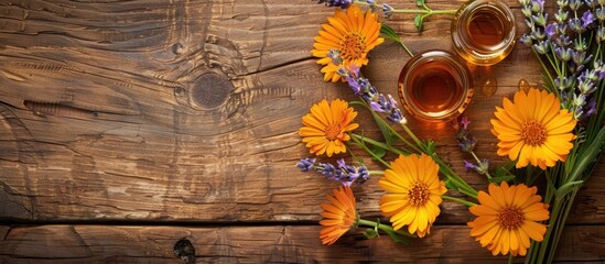 Poster - Calendula and lavender flowers with honey arranged on a wooden backdrop creating a serene copy space image