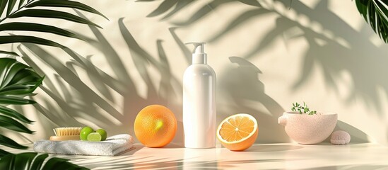 Poster - Skincare product featuring a dispenser bottle alongside a Citrus fruit in a beauty spa setting with medical skincare and cosmetic lotion displayed on a table decor background complete with summer acc