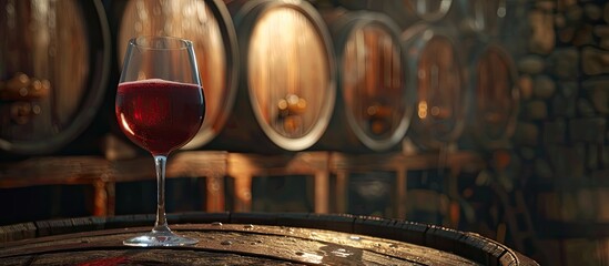 Aufkleber - Close up shot of a glass of red wine against an oak cask backdrop with reflections ideal for copy space image