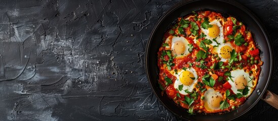 Aufkleber - Top view of a sizzling Shakshuka in a frying pan set against a dark background with ample copy space image