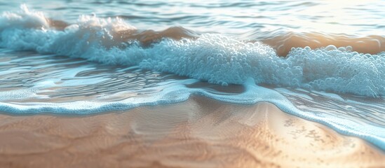 Fototapete - Soft waves gently caress the sandy beach creating a natural abstract background with copy space image