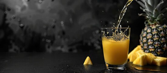 Poster - Pouring cold pineapple juice into a clear glass cup on a black table surface with a copy space image