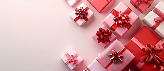 Leinwandbilder - Red and pink gift boxes arranged with copy space image on a blank backdrop