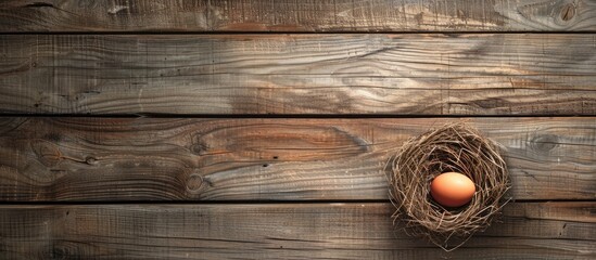 Aufkleber - Wooden background with an egg in a nest perfect for Easter celebrations Includes copy space image