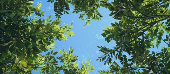 Wall Mural - Looking up through the treetops creates a natural copy space image as the greenery surrounds the clear blue sky