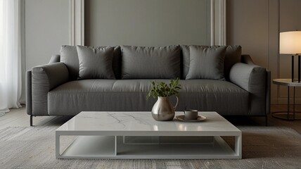 Wall Mural - a white coffee table with a gray sofa minimalist home interior design for modern living room.

