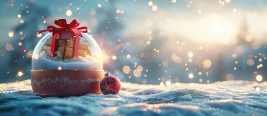 Aufkleber - Snow globe with a Christmas present inside set against a snowy background perfect for a Christmas or New Year greeting card with copy space image
