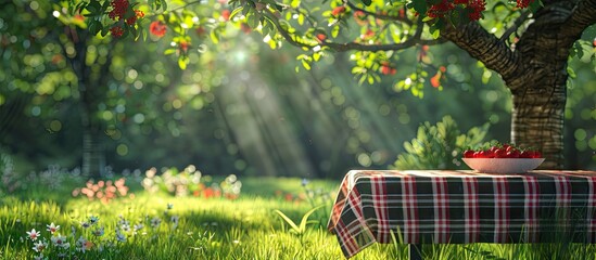 Aufkleber - Outdoor picnic scene set with a checkered tablecloth on a table beneath the shade of tree branches provides a serene backdrop ideal for any copy space image