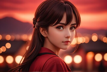 anime girl red sky background digital art style