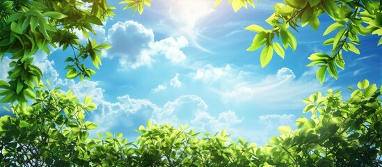 Poster - A serene nature scene with lush green foliage set against a vivid blue sky offering ample copy space for text in this picturesque landscape image
