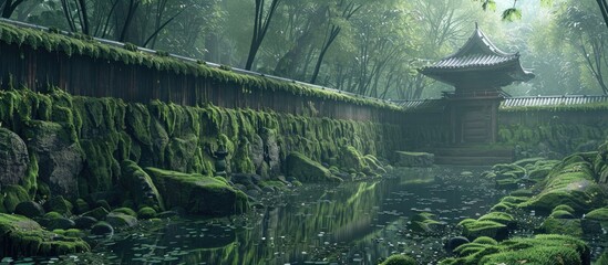 Poster - Ancient Japanese building featuring moss covered stone walls in a serene setting with copy space image