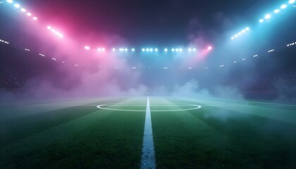 textured soccer game field with neon fog - center, midfield. 3d Illustration. football ground, football neon background, football background, sports concept 
