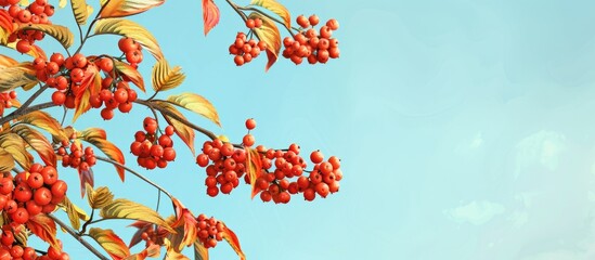 Aufkleber - A beautiful fall themed card featuring a rowan tree with autumn leaves and red berries against a blue sky background ideal for back to school season with empty space for additional content