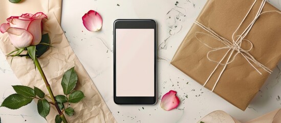 Wall Mural - Flat lay top view of a greeting card mockup featuring an empty smartphone screen a rose and a gift box with copy space image