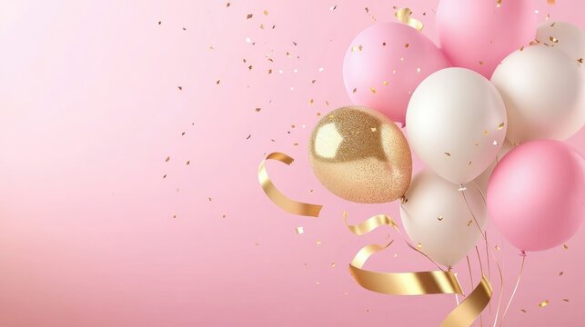 3D realistic birthday card design with floating balloons and a shiny gold ribbon, all set against a pink background. Elegant and festive vector illustration.