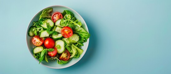Poster - Fresh vegetable salad in a bowl with tomato and cucumber on a light blue backdrop perfect for a copy space image