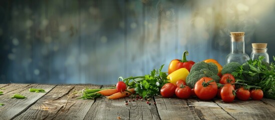 Wall Mural - Variety of freshly harvested vegetables displayed on wooden table with copy space image