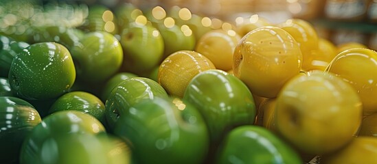 Poster - A market stall showcases green and yellow apples in a close up copy space image