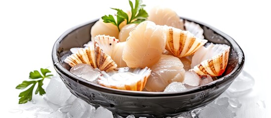 Poster - Fresh scallops on ice isolated on a white background for text with copy space image