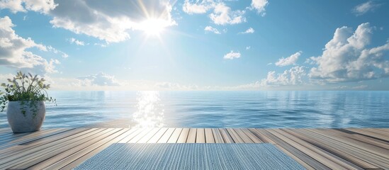 Poster - Beach mat on a wooden deck with a copy space image for sun care products overlooking the sea and blue sky embodying a summer concept