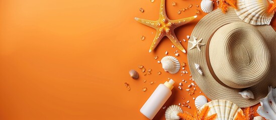 Poster - Sunscreen seashells and a hat arranged on an orange background with copy space image