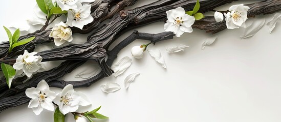 Poster - White background with jasmine flowers and bark ideal for hair treatment creating an appealing flat lay copy space image