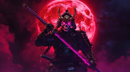 Skull-Faced Samurai Demon Wielding Glowing Katana Against Blood-Red Moon