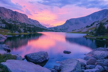 Wall Mural - A serene lake reflects a colorful sunset in the mountains. Soft hues dance across the water creating a tranquil atmosphere. Natures beauty captured in a stunning landscape. Generative AI