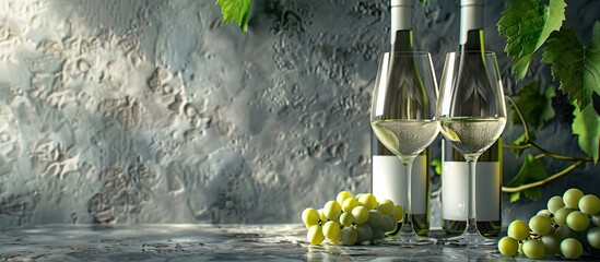 Poster - White wine bottle and glasses with grapes against a gray backdrop with a space for additional images