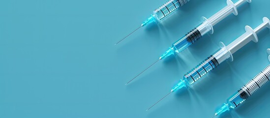 Aufkleber - Aerial view of syringes with needles on a blue background emphasizing copy space image Depicting the concept of injection treatment