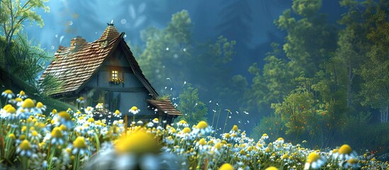Poster - Daisies and dandelions blooming next to a quaint cottage with a spot for adding text or designs copy space image