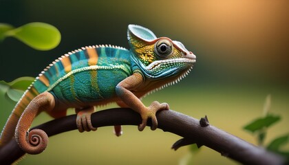 cute funny chameleon chamaeleo calyptratus on a branch