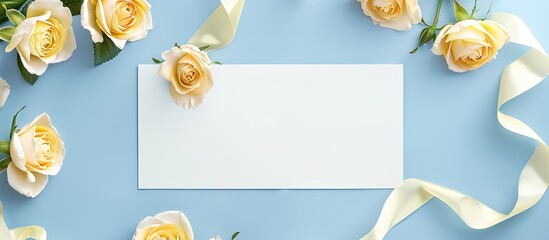Fototapete - Blue background with white card decorated with yellow roses and ribbon offers copy space image