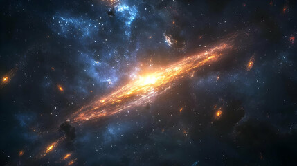 Wall Mural - A bright, orange nebula with streaks of light in a dark space with scattered stars.