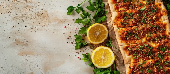 Poster - Detailed shot of Turkish lahmacun flatbread garnished with spices lemons and parsley against a plain background with a copy space image