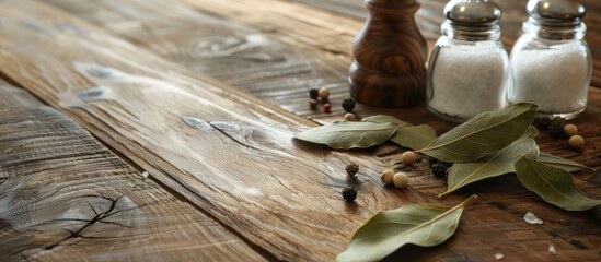 Poster - Wooden table with salt and pepper shakers bay leaves and copy space image