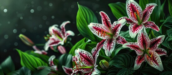 Canvas Print - Enjoy the view of dark maroon and white Checkered Lily flowers in a spring garden with vibrant green leaves in the foreground perfect for your copy space image