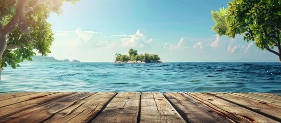 Poster - Sea view on an island with a charming wooden log serving as a table background featuring ample copy space for an image