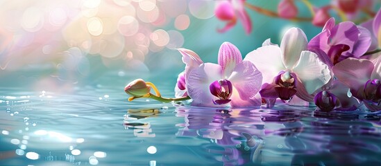 Poster - Close up purple and white orchid flowers floating on the water s surface creating a serene and visually appealing copy space image suitable for promoting spa and cosmetic body care products evoking a
