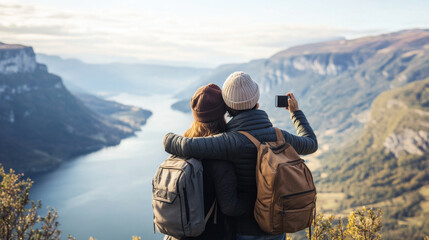 They are wearing backpacks and are holding a cell phone