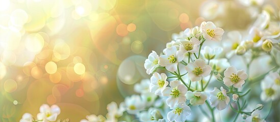 Poster - Alyssum s small white flowers against a blurred light background with copy space image