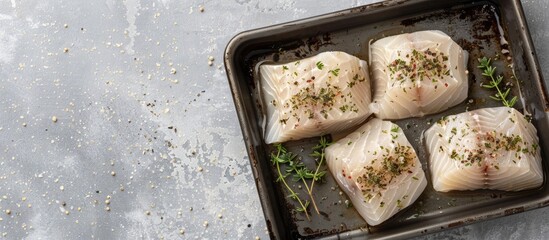 Poster - Top view of uncooked raw cod loin fillet steaks seasoned with herbs in a kitchen tray against a gray background with ample copy space image