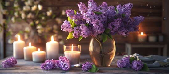 Poster - Home decor featuring a vase with lovely lilac blooms candles on a table and a copy space image available