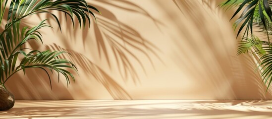 Poster - Beige background with tropical palm leaves is shown in an empty room providing a minimal abstract background for a cosmetic product s presentation with copy space image