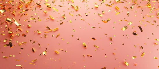 Poster - Top view of golden confetti on a colorful background with copy space image