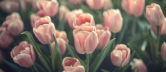 Canvas Print - Vintage style top view of numerous pale pink tulips with a copy space image