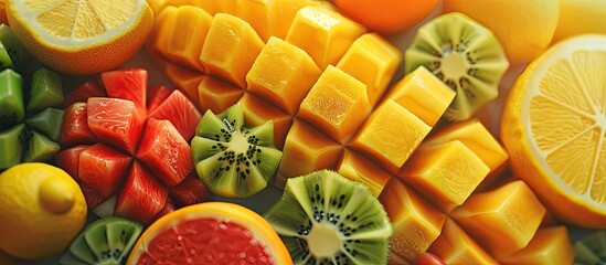 Aufkleber - A variety of exotic fresh fruits like mango orange lemon kiwi melon and blood orange are arranged in a top view display with copy space image